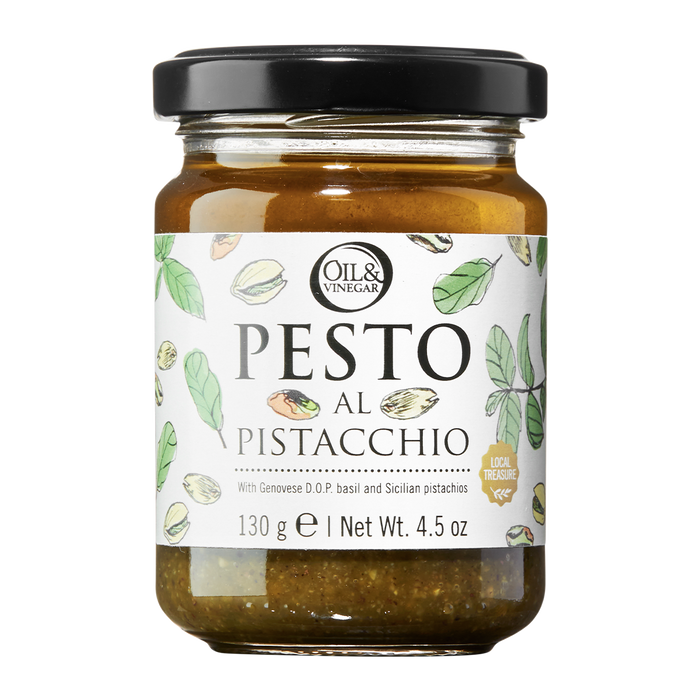 A jar of Pesto al Pistacchio with a label showing the product name and an illustration of pistachio nuts and basil leaves.
