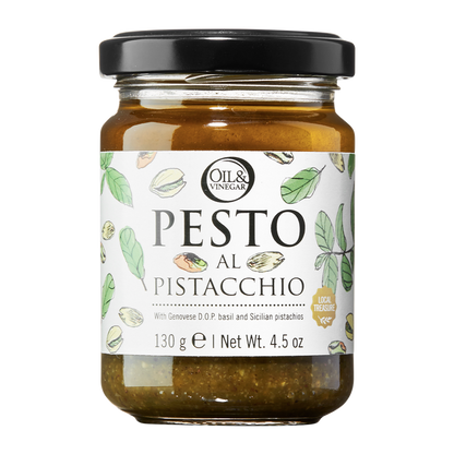 A jar of Pesto al Pistacchio with a label showing the product name and an illustration of pistachio nuts and basil leaves.