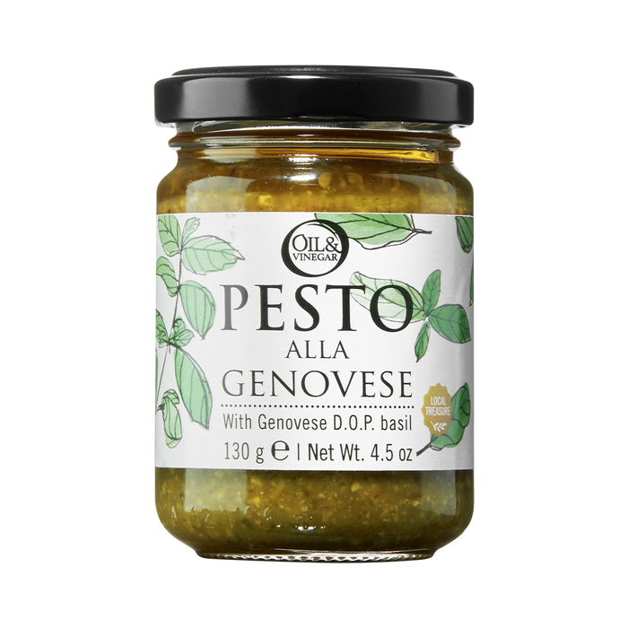 A glass jar of Pesto alla Genovese with a black lid, labeled with the product name and the weight of 130g.