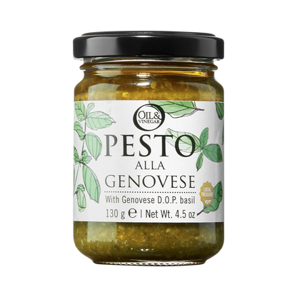 A glass jar of Pesto alla Genovese with a black lid, labeled with the product name and the weight of 130g.