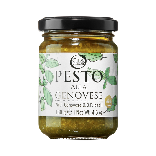 A glass jar of Pesto alla Genovese with a black lid, labeled with the product name and the weight of 130g.