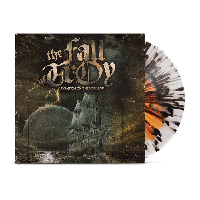 Limited Edition vinyl by The Fall of Troy, featuring a black and brown splatter design, partially in sleeve. The cover depicts a ghostly ship on dark waters under a stormy sky. Title: Phantom on the Horizon.
