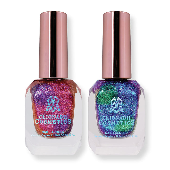 Two bottles of nail polish containing Amorem and Nocturne Nail Laquer on white background.
