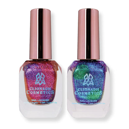 Two bottles of nail polish containing Amorem and Nocturne Nail Laquer on white background.