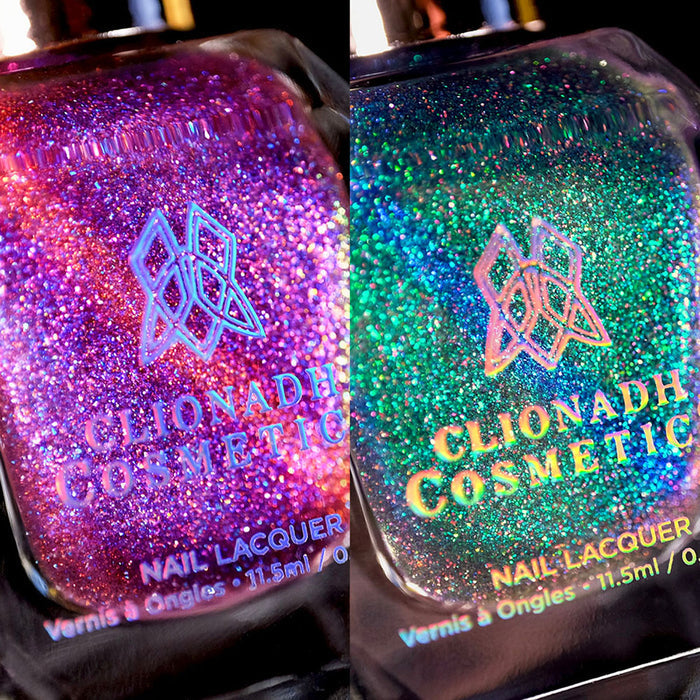 Close-up collage of two nail polish bottles, Amorem and Nocturne on a black background.