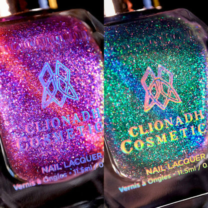 Close-up collage of two nail polish bottles, Amorem and Nocturne on a black background.