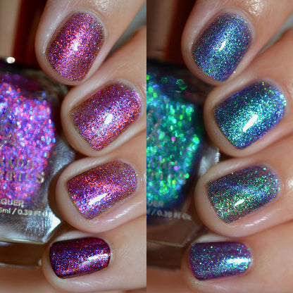 Close-up of nails painted in Amorem and Nocturne on a black background.