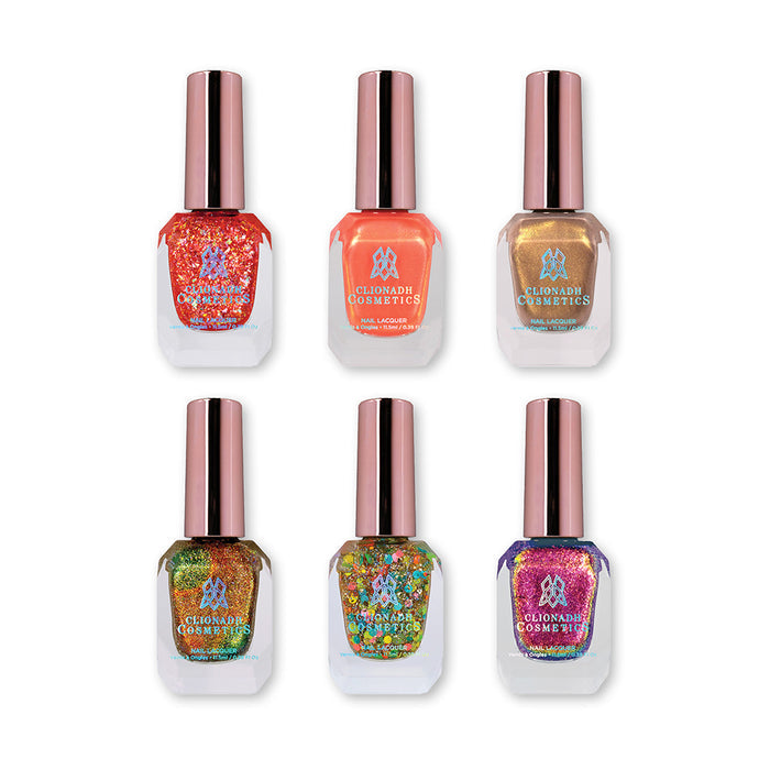 Six Clionadh Cosmetics nail polish bottles from the Picnic and Patches Collection on a white background.