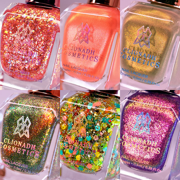Close-up collage of six bottles of nail polish from Picnic and Patches Nail Lacquer Collection.