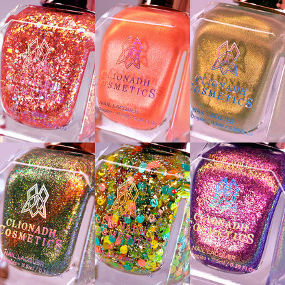 Close-up collage of six bottles of nail polish from Picnic and Patches Nail Lacquer Collection.