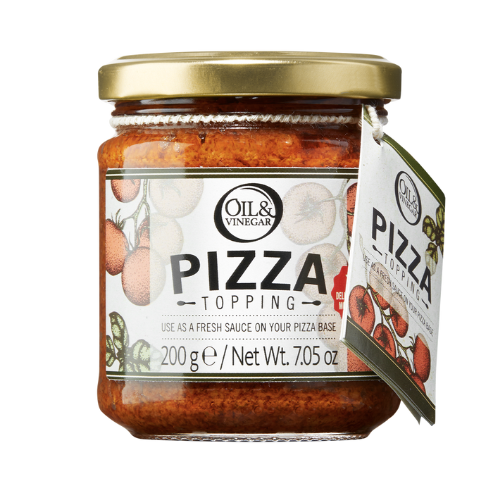 A jar of Sicilian Pizza Topping from Oil & Vinegar brand, labeled for use as a fresh sauce on pizza base, with a weight indication of 200g/7.1oz.