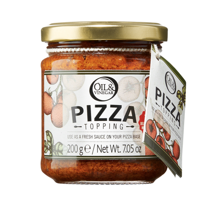 A jar of Sicilian Pizza Topping from Oil & Vinegar brand, labeled for use as a fresh sauce on pizza base, with a weight indication of 200g/7.1oz.
