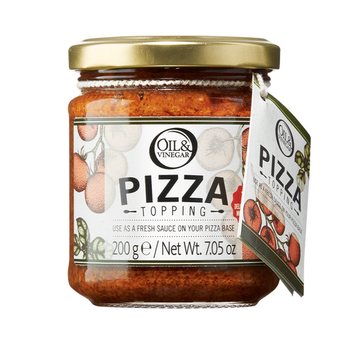 A jar of Sicilian Pizza Topping from Oil & Vinegar brand, labeled for use as a fresh sauce on pizza base, with a weight indication of 200g/7.1oz.