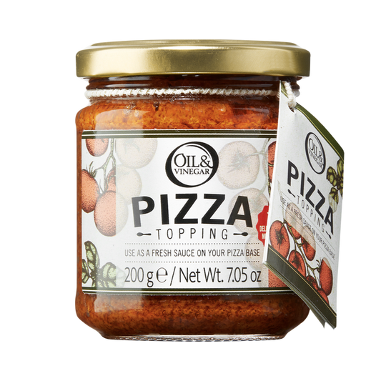 A jar of Sicilian Pizza Topping from Oil & Vinegar brand, labeled for use as a fresh sauce on pizza base, with a weight indication of 200g/7.1oz.