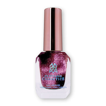 Bottle of nail polish containing Plush Pink Nail Laquer on white background.