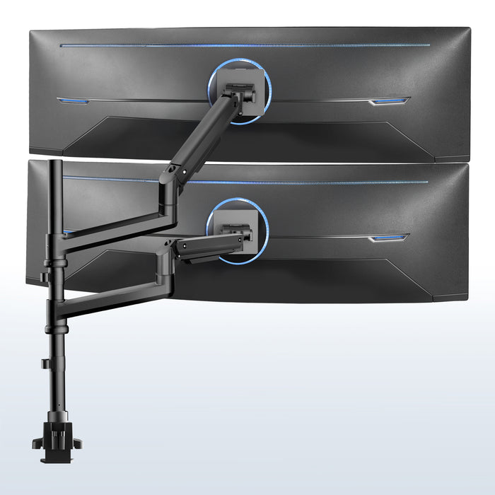 Dual monitor ultrawide desk mount with extending arms. Featuring height adjustment, tilt, swivel, rotation, and integrated cable management.