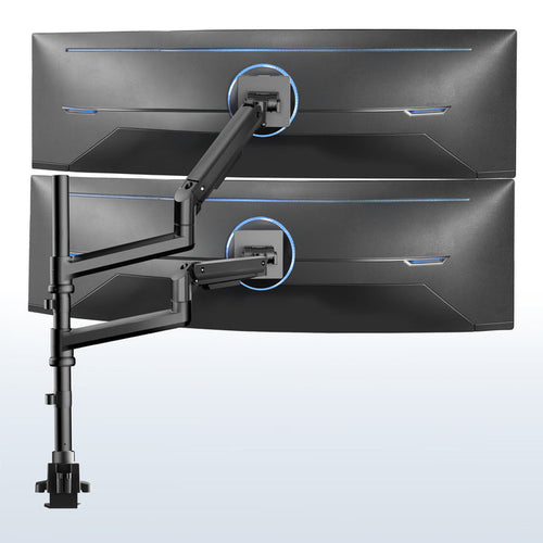 Dual monitor ultrawide desk mount with extending arms. Featuring height adjustment, tilt, swivel, rotation, and integrated cable management.