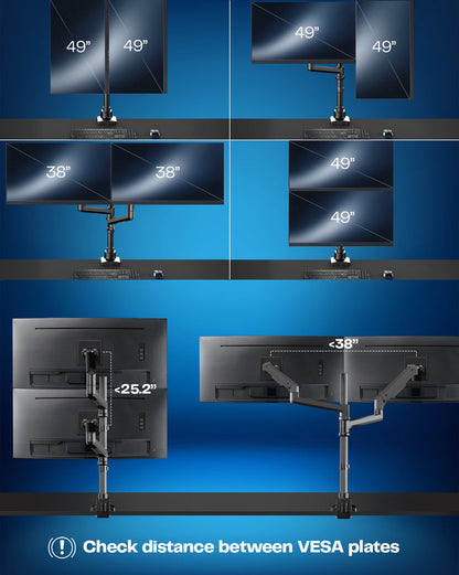 Dual monitor ultrawide desk mount with extending arms. Featuring height adjustment, tilt, swivel, rotation, and integrated cable management.