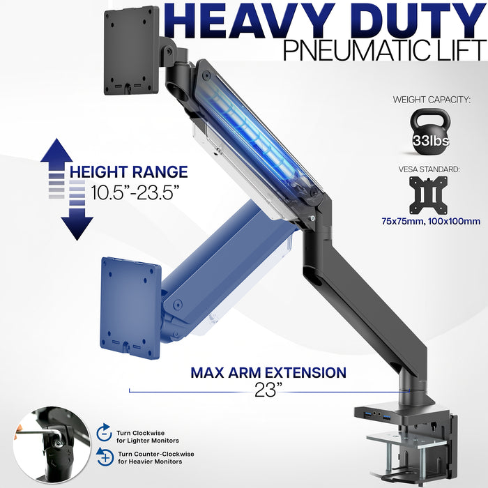 Heavy-duty Pneumatic Arm Single Monitor Desk Mount with USB specifications on a white background