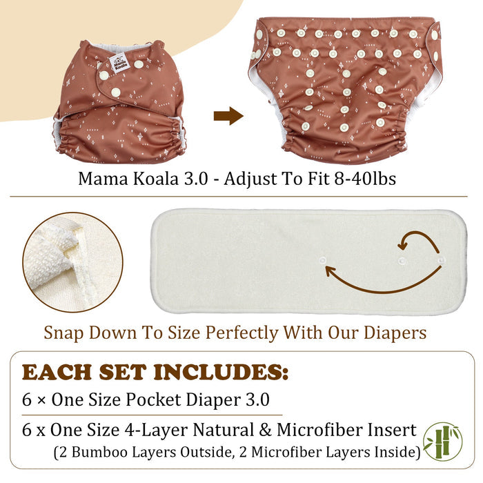 POCKET DIAPER 3.0 WITH INSERTS - 6 PACK(Cinnamon Blooms)