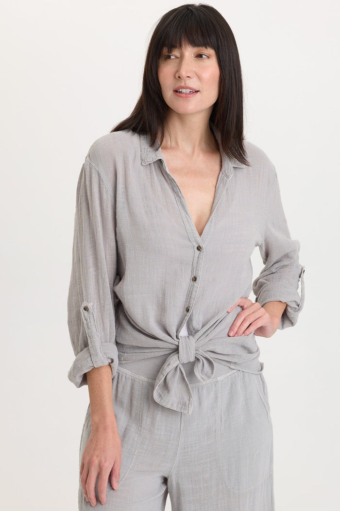 Wearables Porter Gauze Curved Hem Button-Up Top