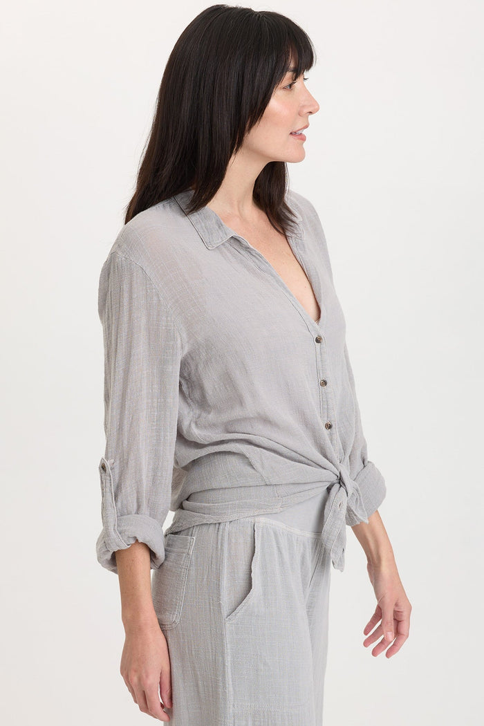 Wearables Porter Gauze Curved Hem Button-Up Top