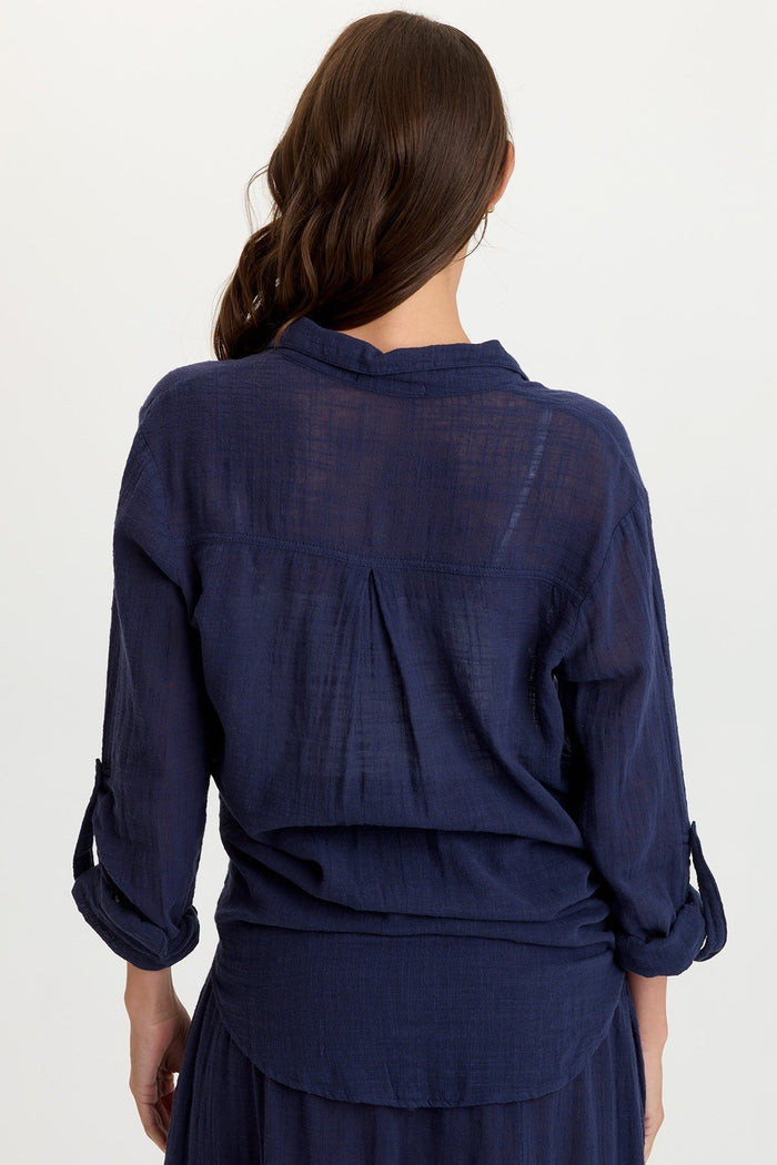 Wearables Porter Gauze Curved Hem Button-Up Top