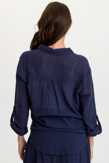 Wearables Porter Gauze Curved Hem Button-Up Top