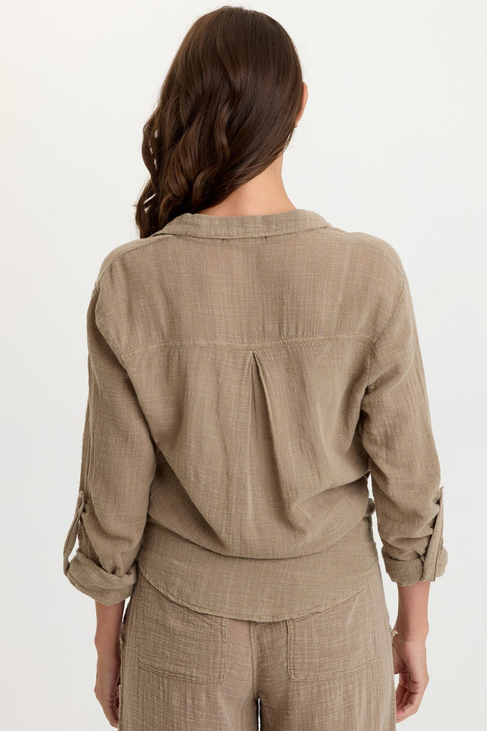 Wearables Porter Gauze Curved Hem Button-Up Top