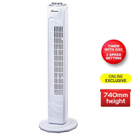 PowerPac 29" Tower Fan – Oscillation, Timer, Portable, Energy-efficient, Thermal protection, 3-Speed, white, PPTF290