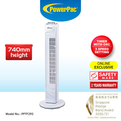PowerPac 29" Tower Fan – Oscillation, Timer, Portable, Energy-efficient, Thermal protection, 3-Speed, white, PPTF290