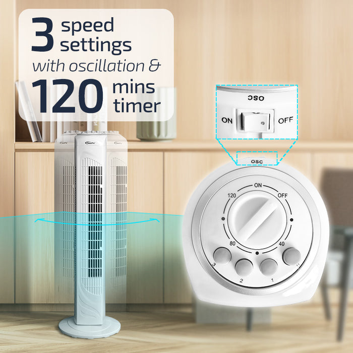 PowerPac 29" Tower Fan – Oscillation, Timer, Portable, Energy-efficient, Thermal protection, 3-Speed, white, PPTF290