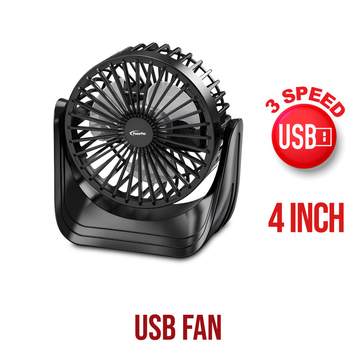 PowerPac 4" Table Fan – USB, Rechargeable, Portable Wireless, 360° Vertical Adjustable Tilt, Durable, Compact, 3-Speed, black, PPUF223