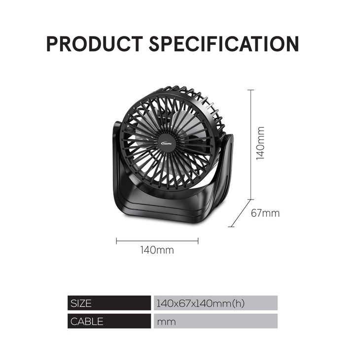 PowerPac 4" Table Fan – USB, Rechargeable, Portable Wireless, 360° Vertical Adjustable Tilt, Durable, Compact, 3-Speed, black, PPUF223