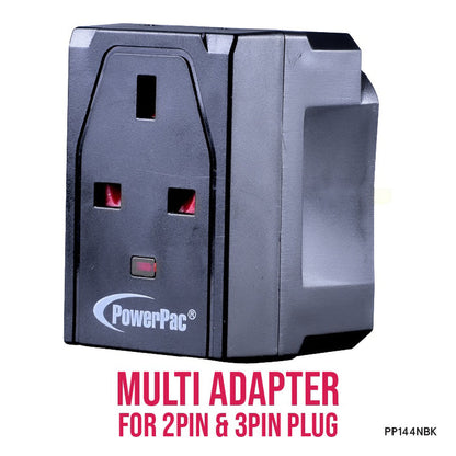 PowerPac Adapter with 3-Pin Plug – 3-Way 3-Pin Sockets, Neon LED, PP144NBK
