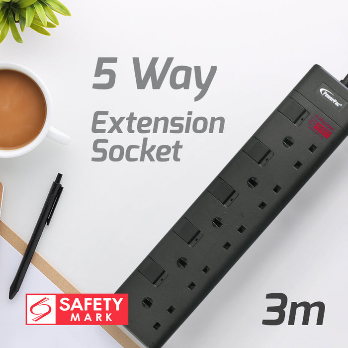 PowerPac Extension Cord, Extension Socket, Power Extension 3 Metre 5 way (PP8555BK)