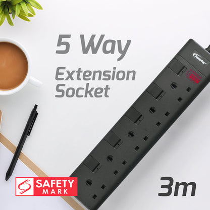 PowerPac Extension Cord, Extension Socket, Power Extension 3 Metre 5 way (PP8555BK)