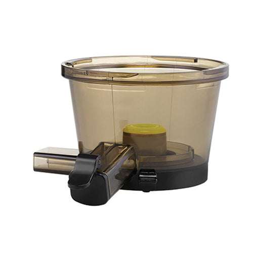 Eine transparente Pressschale aus braunem Kunststoff mit gelbem Mittelknopf und aufgesetztem Ausguss, konzipiert für das Küchengerät Unold SLOW JUICER 78255.
