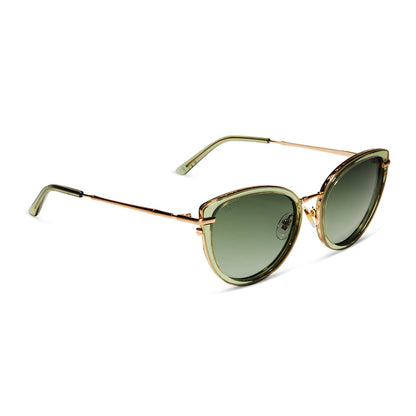 star wars x diff eyewear princess leia™ endor™ cat eye sunglasses with a transulucent sage green acetate and gold metal frame with endor forest moon green polarized lenses angled view