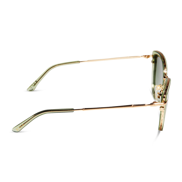 star wars x diff eyewear princess leia™ endor™ cat eye sunglasses with a transulucent sage green acetate and gold metal frame with endor forest moon green polarized lenses side view