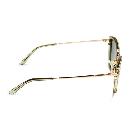 star wars x diff eyewear princess leia™ endor™ cat eye sunglasses with a transulucent sage green acetate and gold metal frame with endor forest moon green polarized lenses side view