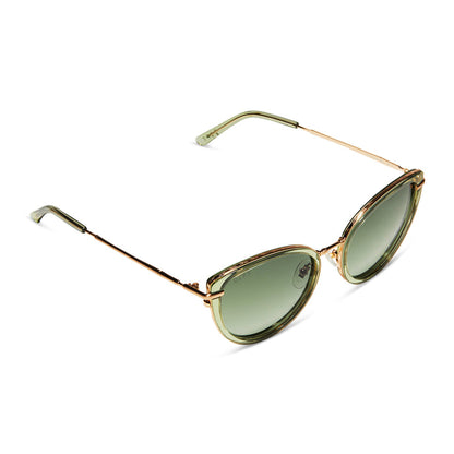 star wars x diff eyewear princess leia™ endor™ cat eye sunglasses with a transulucent sage green acetate and gold metal frame with endor forest moon green polarized lenses detailed view
