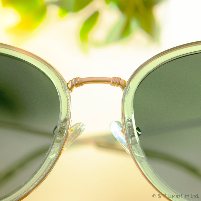 close up star wars x diff eyewear princess leia endor sunglasses with a translucent sage gold frame and endor forest moon green polarized lenses