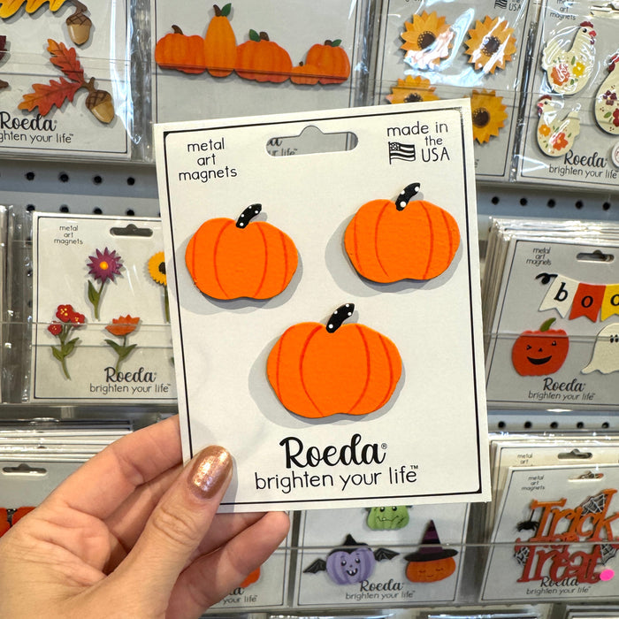 Hand holding a package of orange pumpkin-shaped metal art magnets with 'Roeda brighten your life' branding.