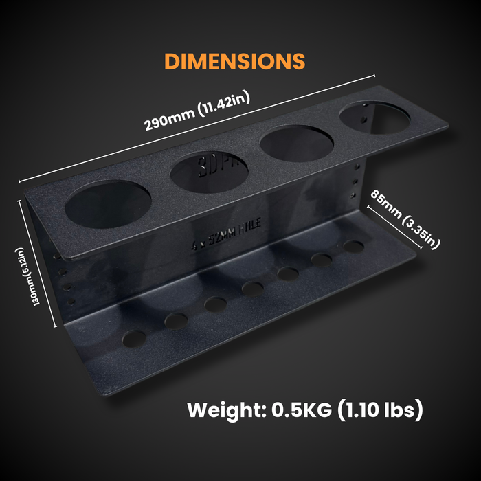 Quad Silicon Holder (Pack a Shelf) with dimensions and weight information on a dark background