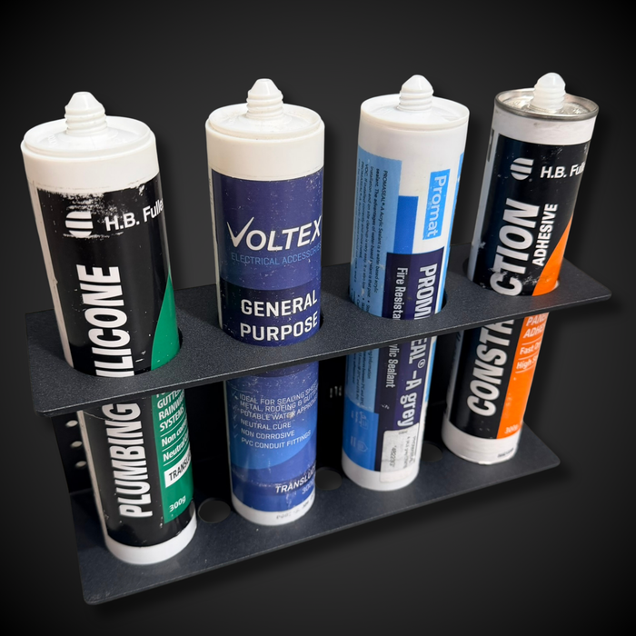 Set of adhesive and sealant bottles on a Quad Silicon Holder (Pack a Shelf) with a dark background