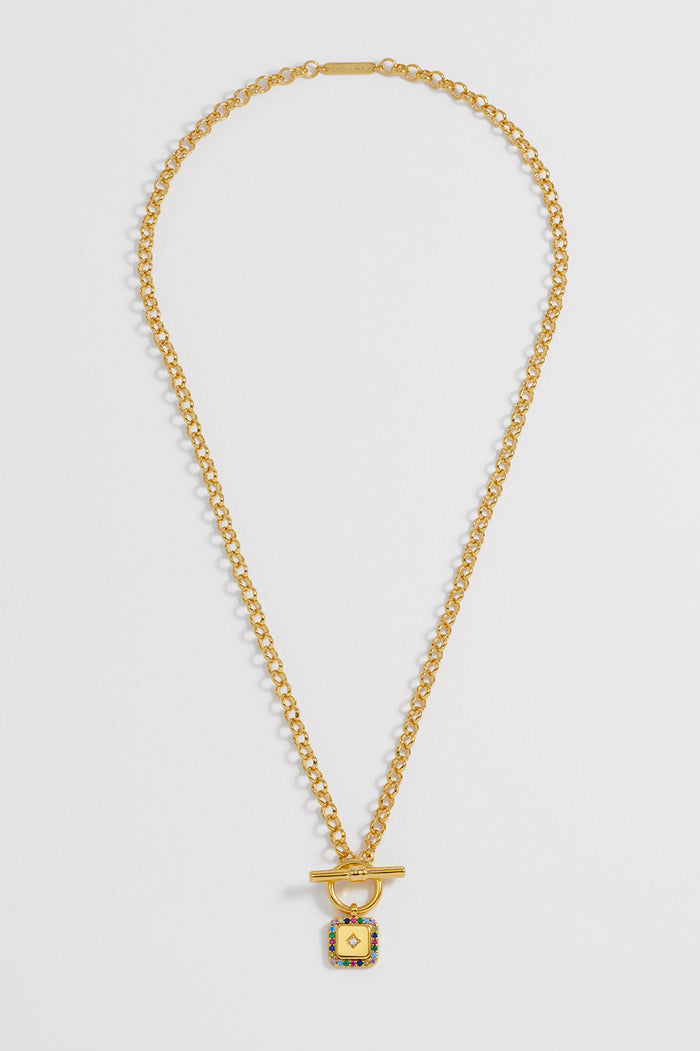 Rainbow Square Paperclip Link T-Bar Necklace