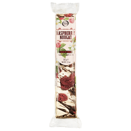 Packaged raspberry nougat bar visible through the transparent window of the packaging, with the brand and product name displayed.