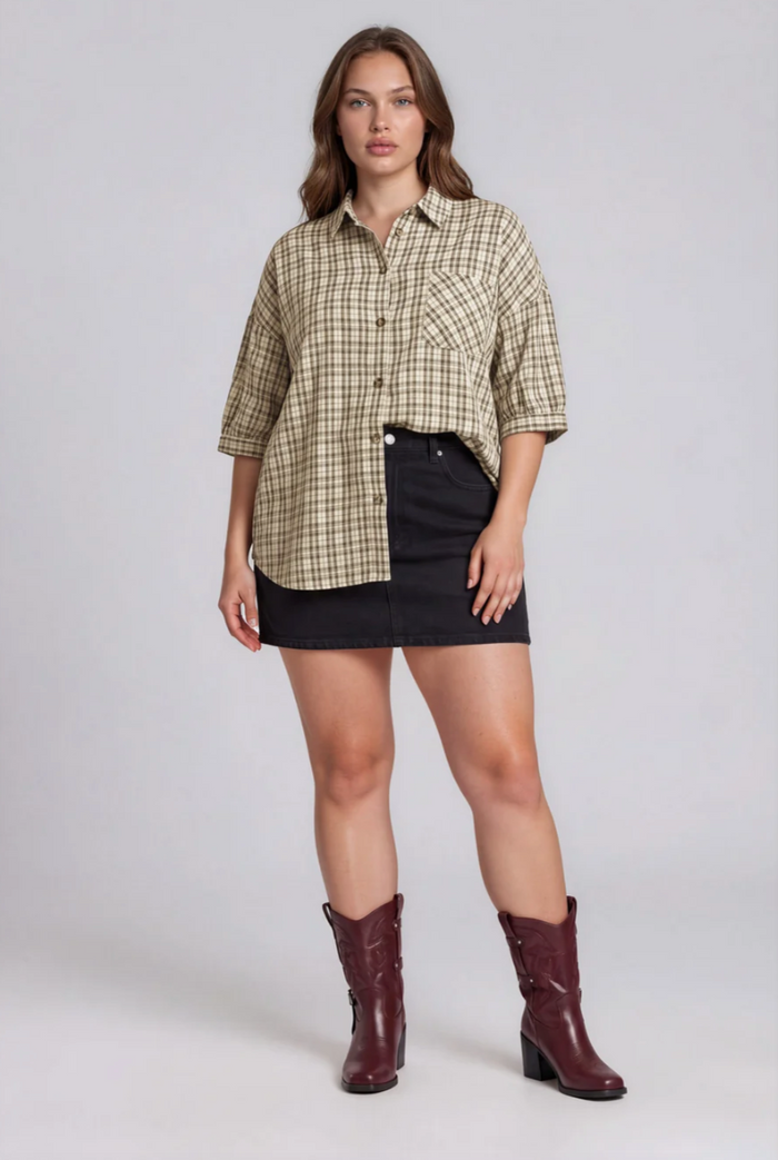 Rearview Plaid Short Sleeve Top - Curvy Available