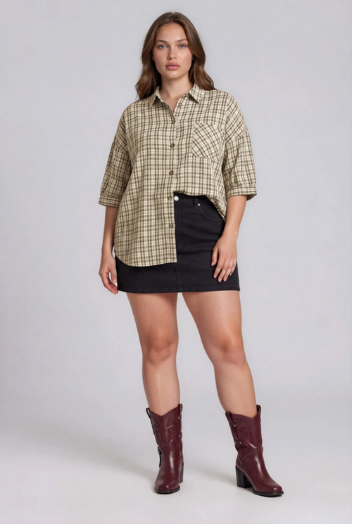 Rearview Plaid Short Sleeve Top - Curvy Available